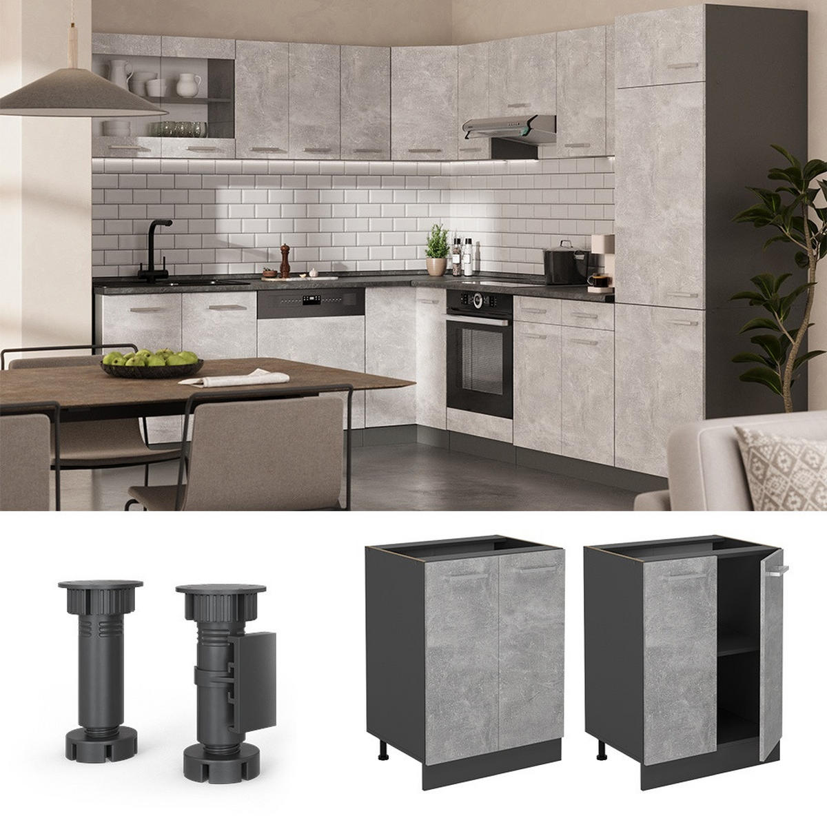 SPODNJA OMARICA ZA KUHINJO R-Line Beton 60 cm brez delovne plošče - siva/antracit, leseni material (60/81.6/46cm) - Vicco