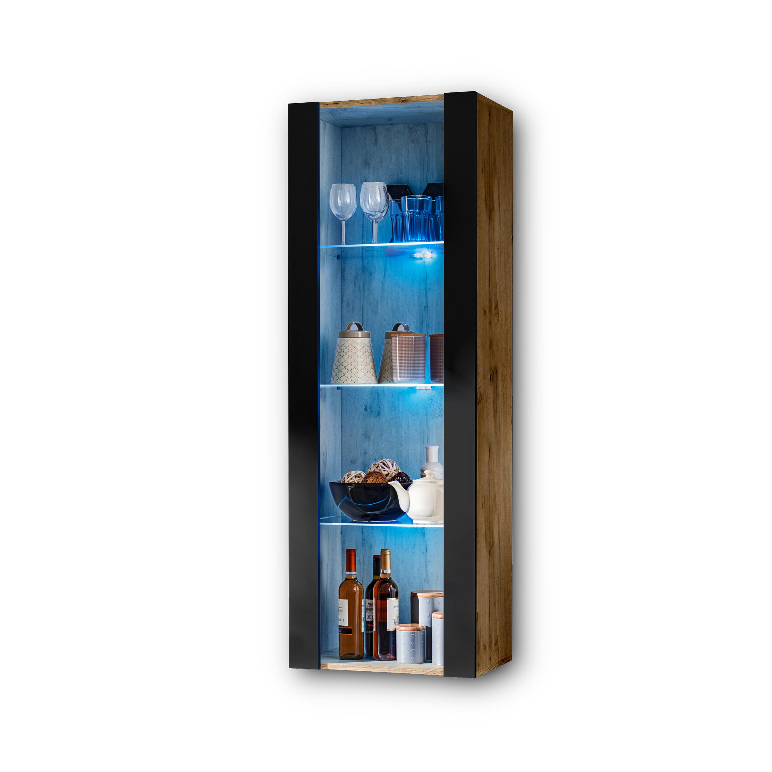VITRINE TIVOLI, Eiche Wotan + Schwarz, LED Blau - Eiche Wotan/Schwarz, Glas/Holzwerkstoff (55/159/35cm) - Komodee