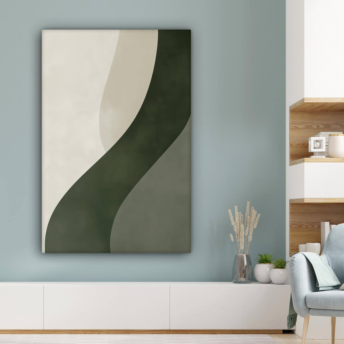 LEINWANDBILD Japandi - Grün - Abstrakt - Modern Deko Groß 90x140 cm - Olivgrün, Textil (90/140cm) - MuchoWow