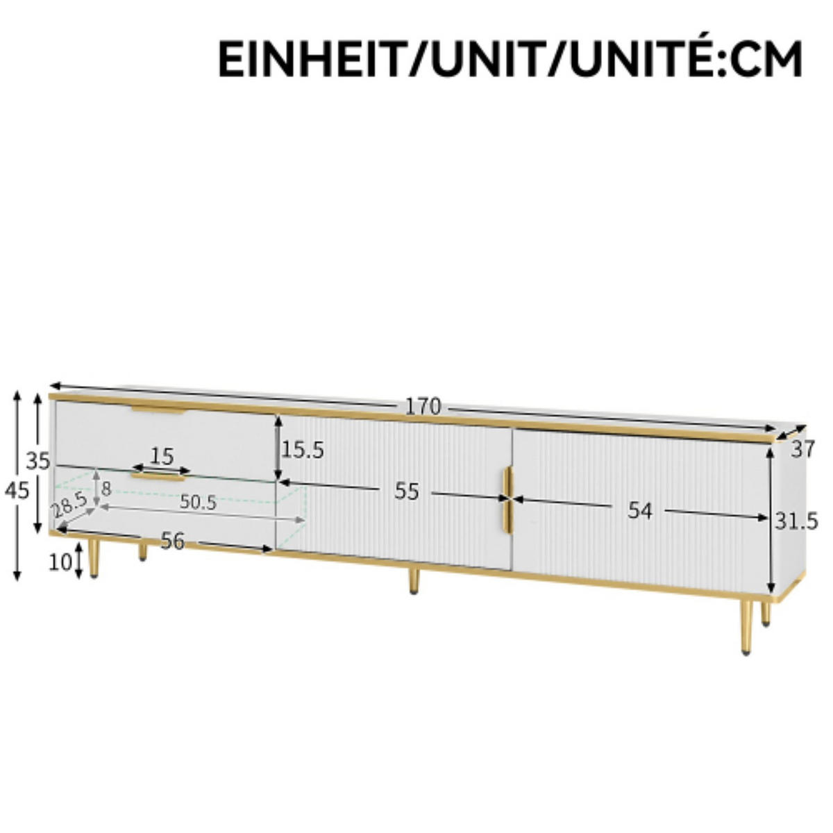 TV-SCHRANK in Weiß und Gold mit 2 Schubladen und 2 Türen 170/37/45 cm - Weiß, Holzwerkstoff (170/45/37cm) - Redom