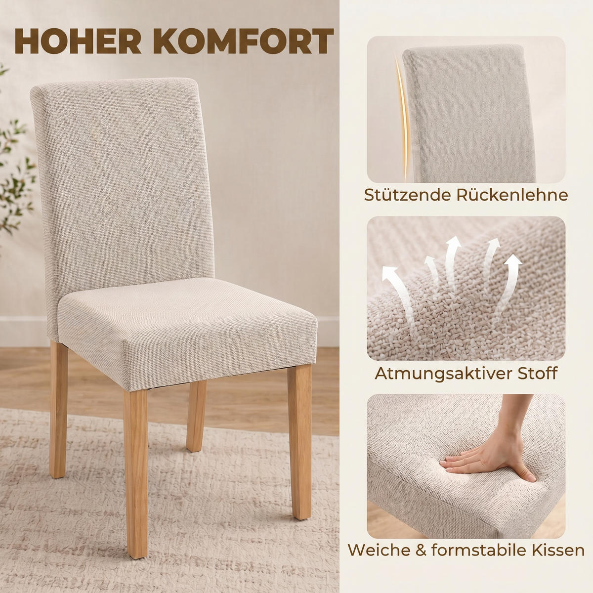 ESSZIMMERSTUHL 2er Set Polyester Gummibaumholz Creme - Creme/Naturfarben, Holz/Textil (46/88/56cm) - HOMCOM