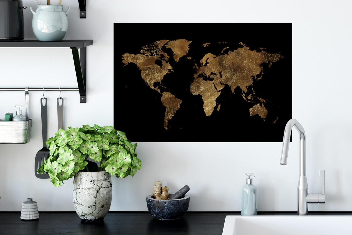 WANDTATTOO Weltkarte - Gold - Luxus - Erde - Schwarz 60x40 cm - Goldfarben, Kunststoff (60/40/0.1cm) - MuchoWow