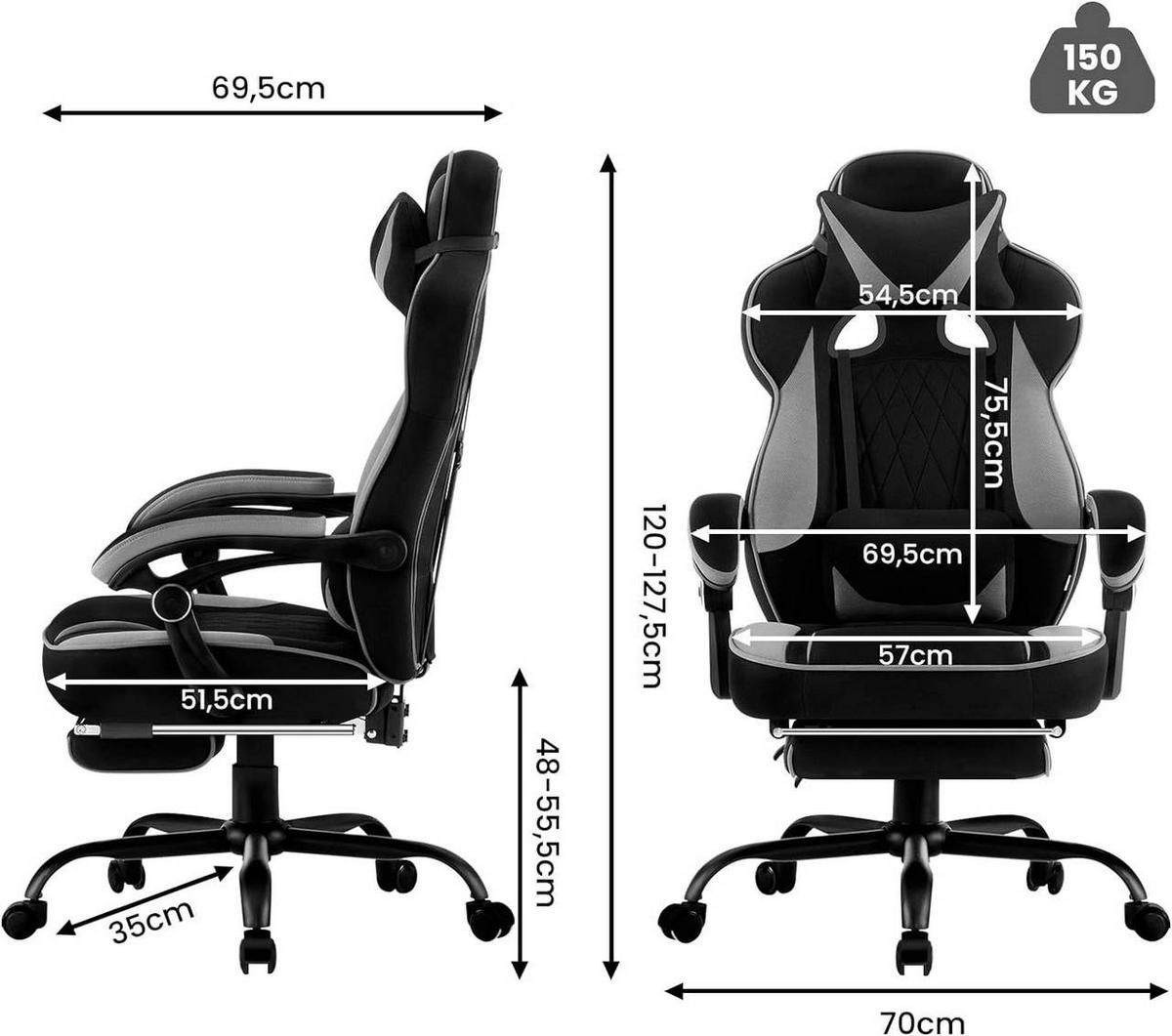 GAMINGSTUHL Mesh-Gewebe, Schwarz+Grau - Schwarz/Grau, Kunststoff/Textil (70/120/70cm) - Woltu