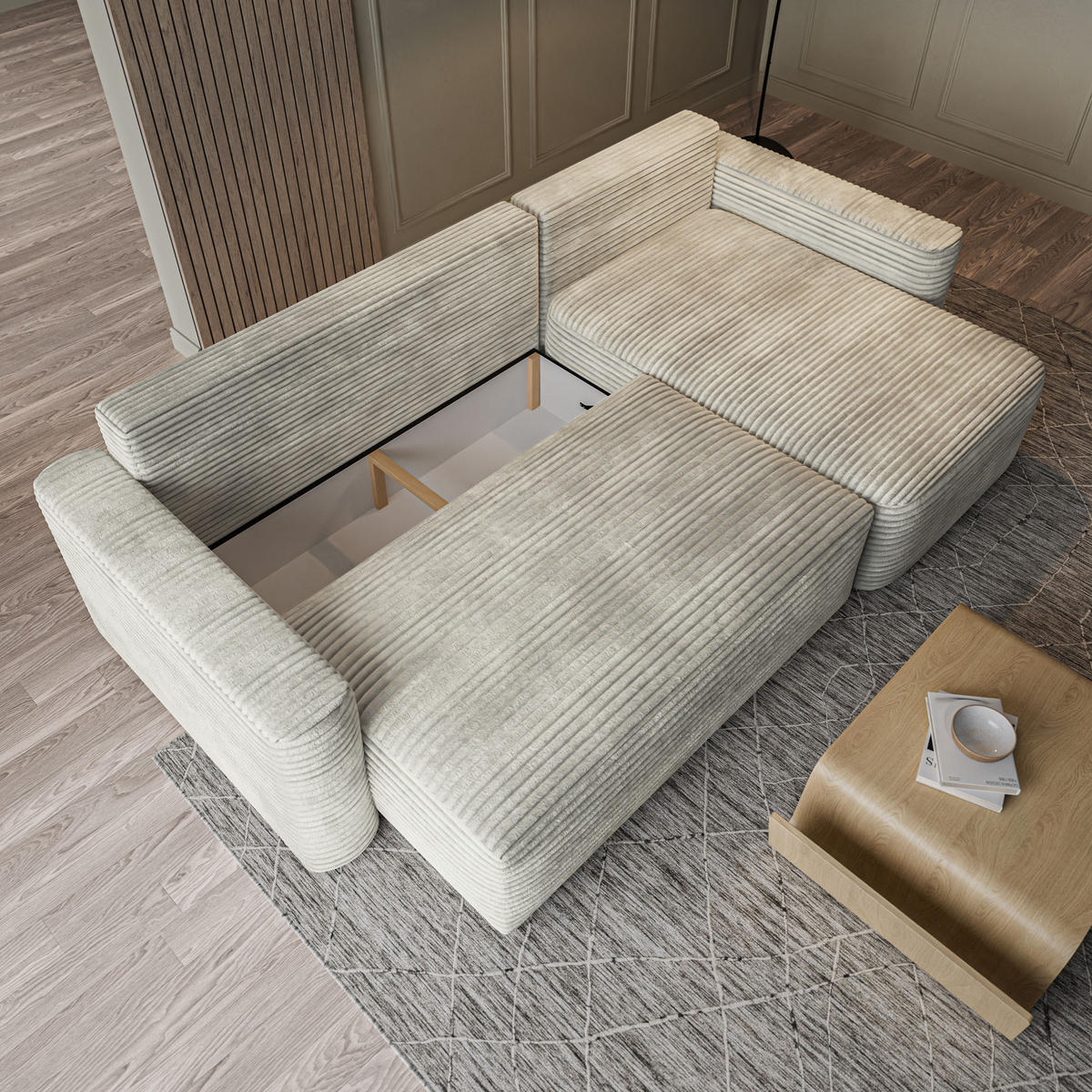 ECKSOFA NERI T Hellgrau Kordstoff mit Schlaffunktion - Hellgrau, Holzwerkstoff/Textil (280/157cm) - MASSENO