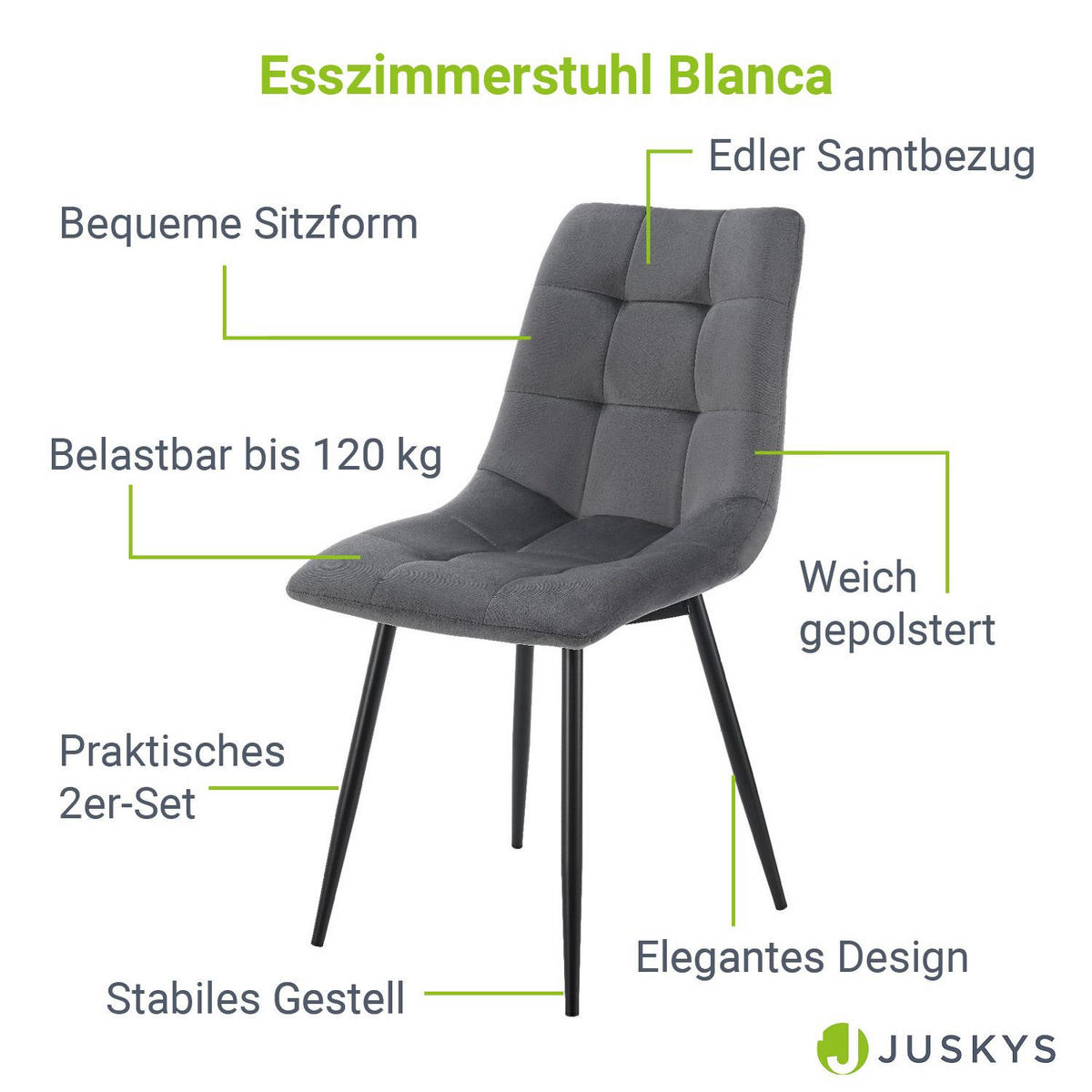 ESSZIMMERSTUHL Blanca Samt dunkelgrau (2er Set) - Dunkelgrau, Textil (46/90/61cm) - Juskys