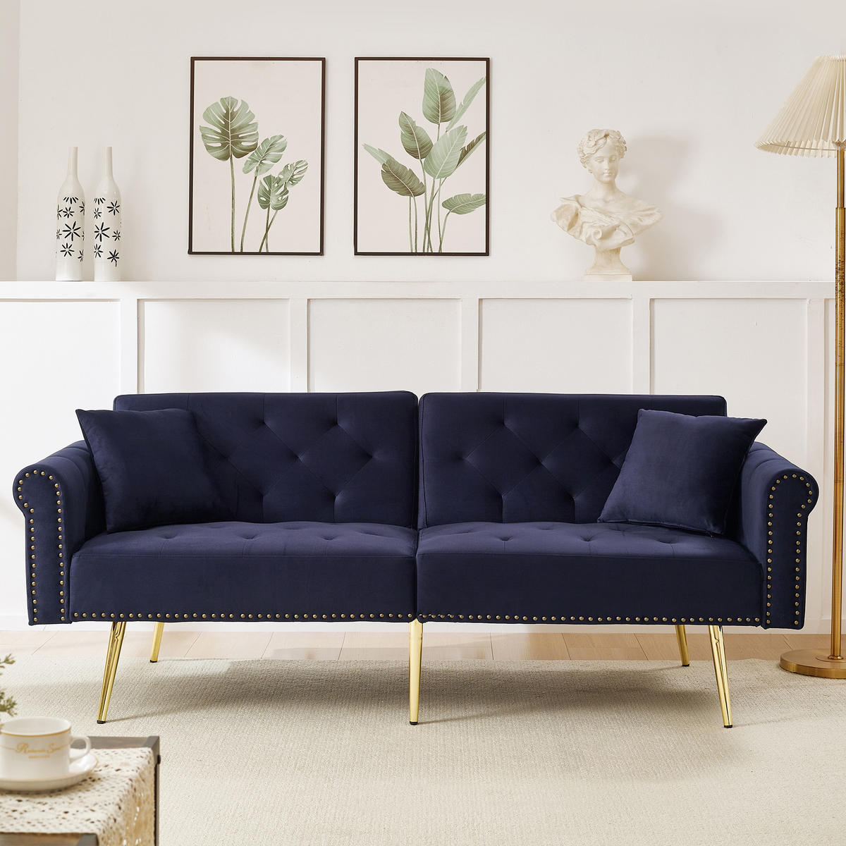 SOFA na razvlačenje od baršuna, 147/85 cm antique plava, dvosjed s podesivim naslonom - plava, plastika (173/70/75cm) - BEAOK