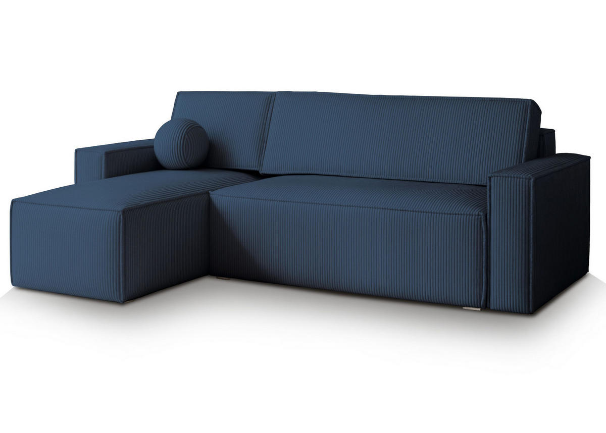 ECKSOFA RAVELO P Blau Kordstoff mit Schlaffunktion - Blau, Holz (240/140cm) - MASSENO