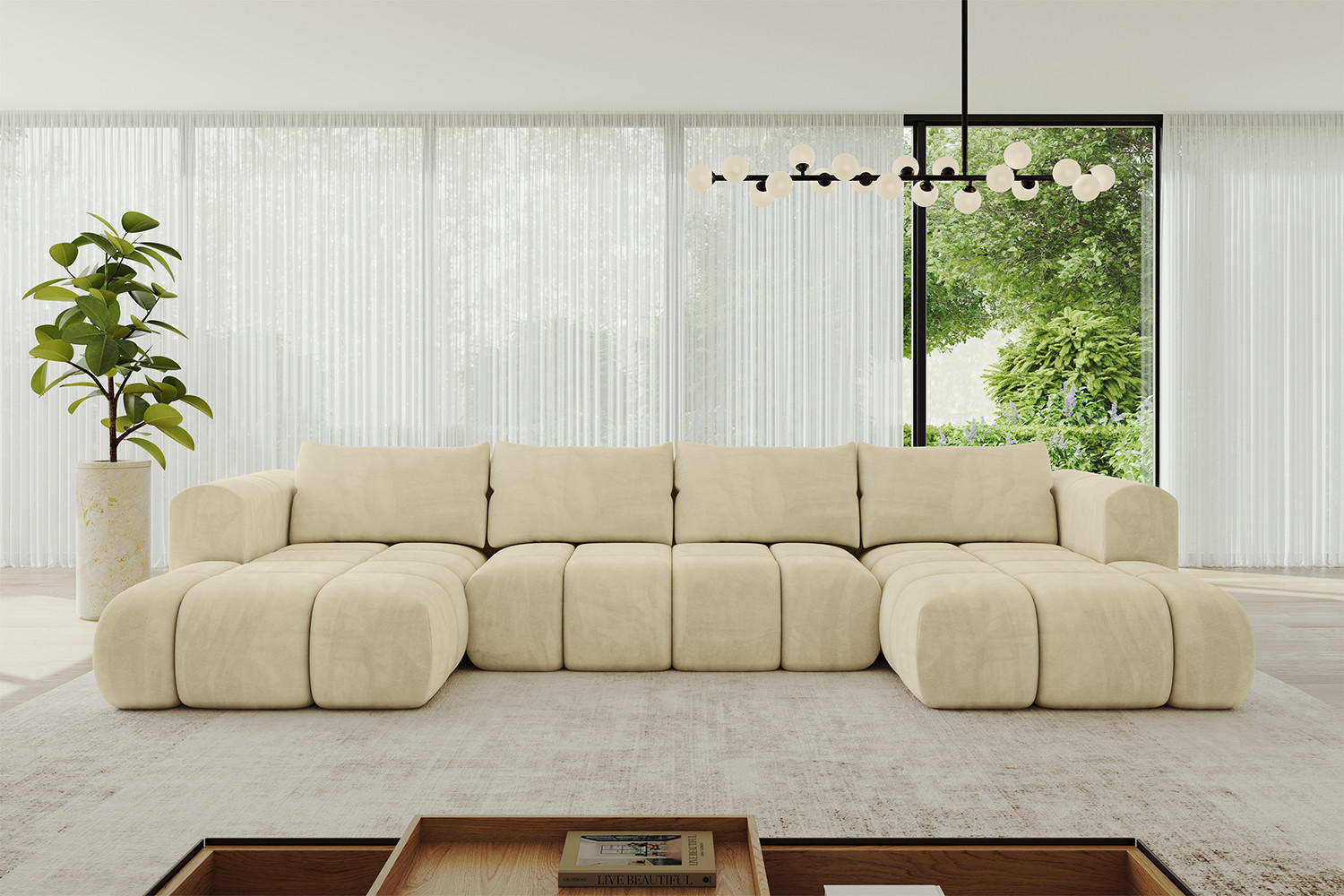WOHNLANDSCHAFT Ottomane Links CLOUD-U 414x180x40 Beige Velours - Beige, Holzwerkstoff/Kunststoff (414/90/180cm) - ALTDECOR