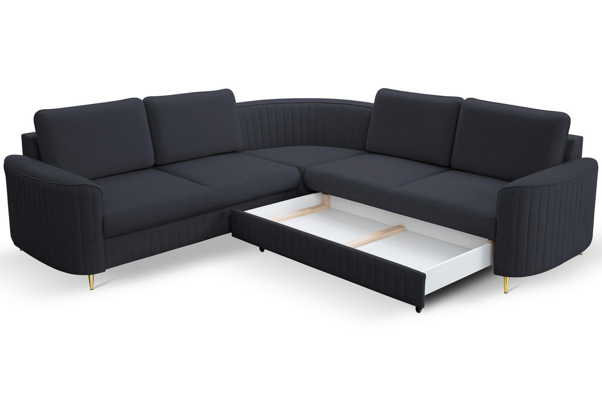 ECKSOFA LAREN, modernes Schlafsofa mit Stauraum, Plastikfüße, L-förmig, lose Rückenkissen freistehend, RECHTS 252x251x85 cm Dark blue - Dunkelblau, Holz/Textil (252/251cm) - DomoHome