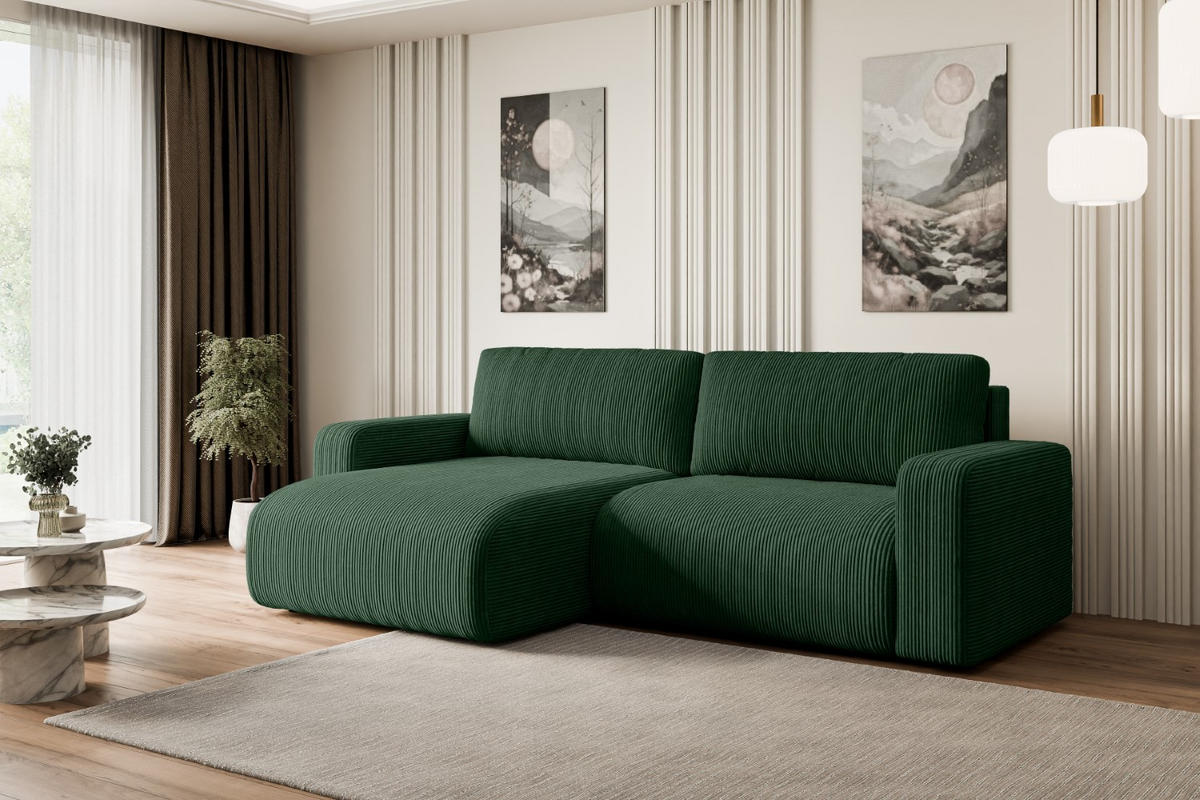ECKSOFA mit Schlaffunktion und Bettkasten KLEEA-L - 247x143x83 cm Grün Cord - Schwarz/Grün, Holzwerkstoff/Kunststoff (247/143cm) - ALTDECOR