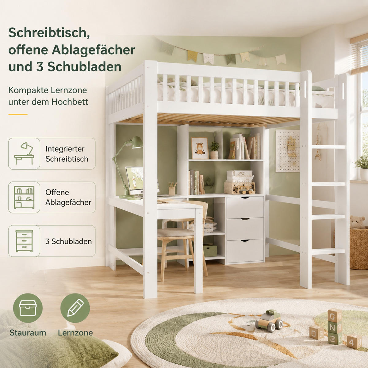 HOCHBETT 140/200 cm aus Kiefernholz mit Schreibtisch und Stauraum Weiß - Weiß, Holz (140/200cm) - Modenvie