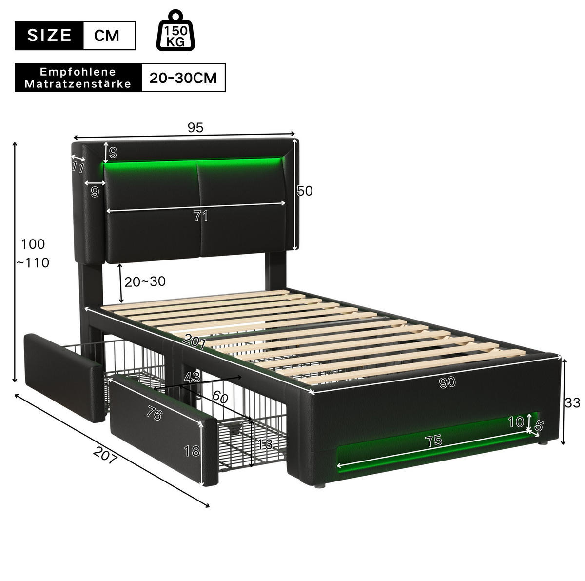 POLSTERBETT 90/200 cm Schwarz aus PU mit USB, LED und 4 Schubladen - Schwarz, Kunststoff (90/200cm) - OKMYHOME