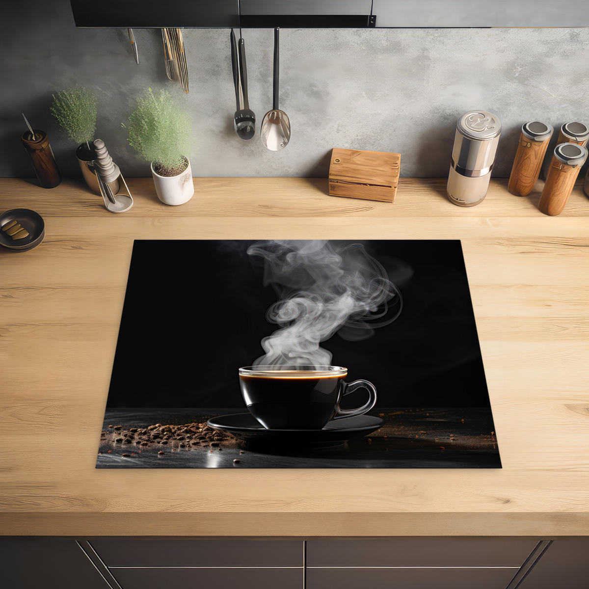 HERDABDECKPLATTE Kaffee - Schwarz - Bohnen - Heiß - Tasse Herdabdeckung Induktionsfeld 65x52 cm - Schwarz, Kunststoff (65/52/0.2cm) - MuchoWow