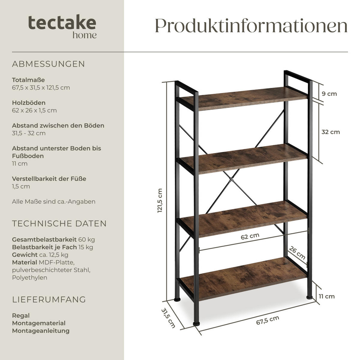 REGAL Leeds,inklusive Kippschutz, 67,5 x 31,5 x 121,5 cm,Industrial Holz dunkel, rustikal - Rostfarben, Holz (31.5/121.5/67.5cm) - tectake