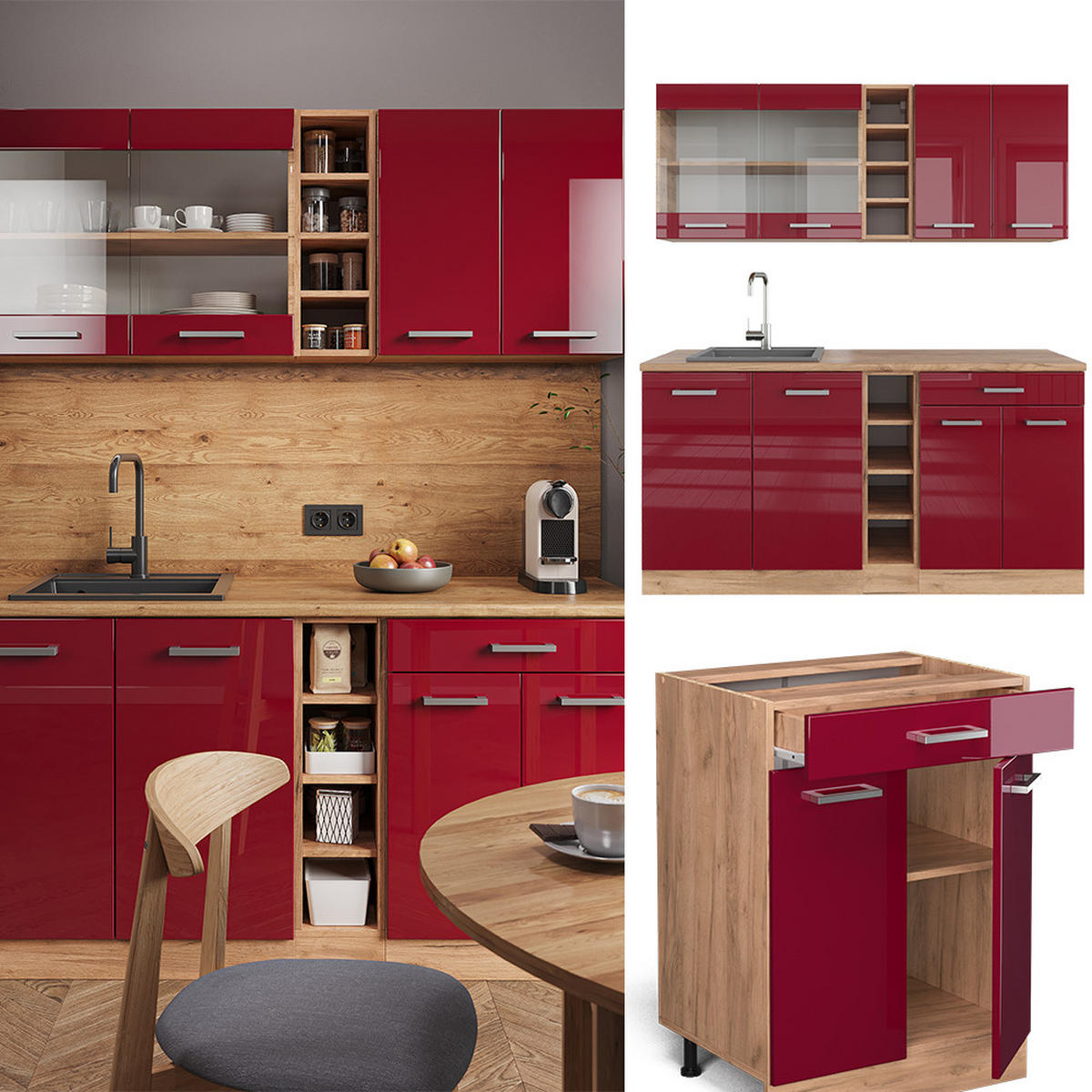SINGLEKÜCHE R-Line Bordeaux Hochglanz/Goldkraft Eiche 160 cm ohne AP - Bordeaux/Eiche Wotan, Holzwerkstoff (160/81.6/46cm) - Vicco