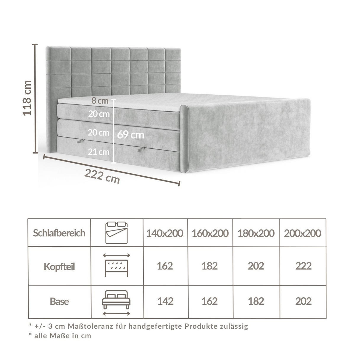 BOXSPRINGBETT Ava Hellgrau 140/200 cm - Hellgrau/Schwarz, Holz/Holzwerkstoff (140/200cm) - Maison de Reve