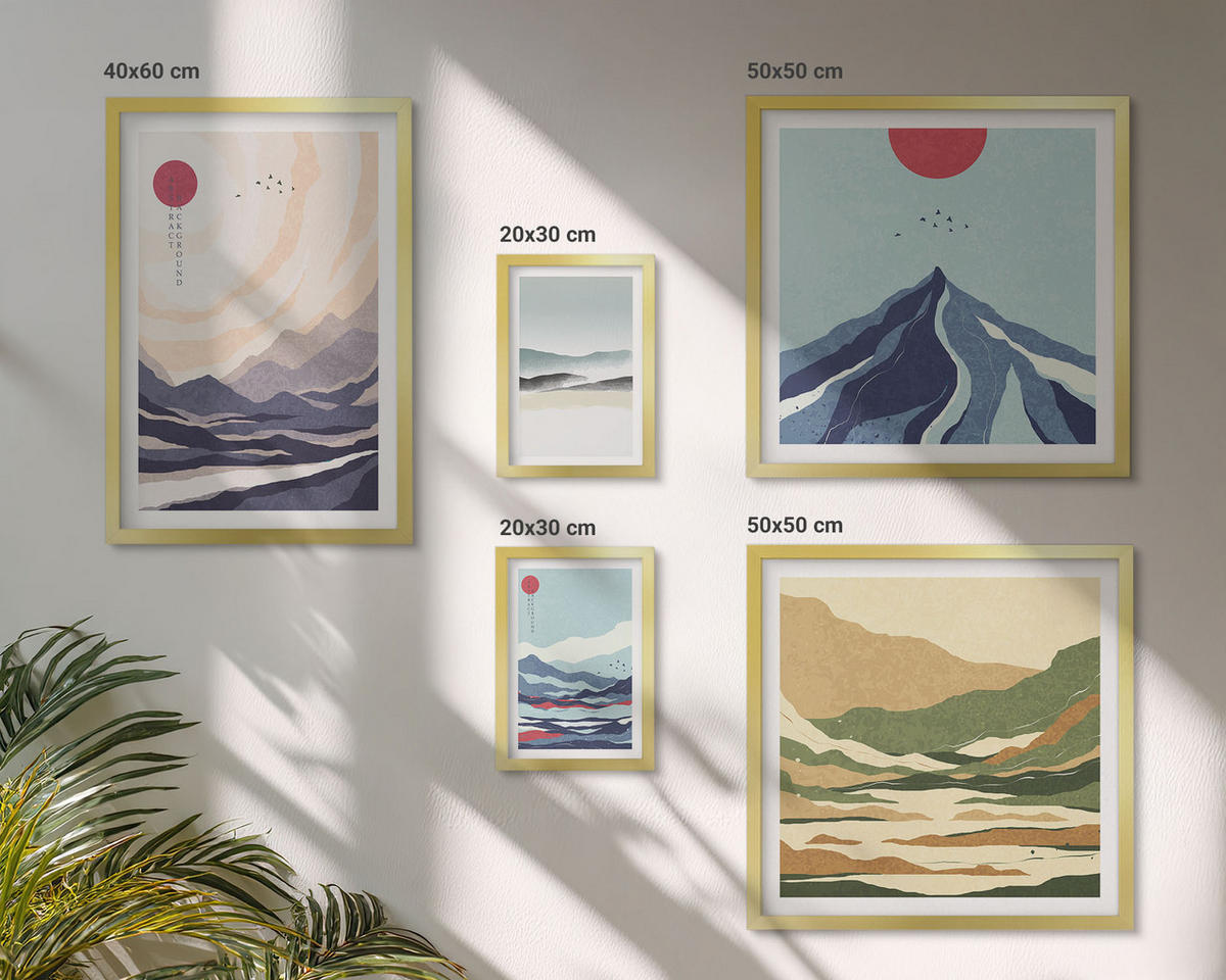WANDBILDER 5er Set - 50x50 cm & 20x30 cm & 40x60 cm Goldrahmen - Farbenfrohe abstrakte Flussberge - Goldfarben, Kunststoff (40/60cm) - ArtPrintCave