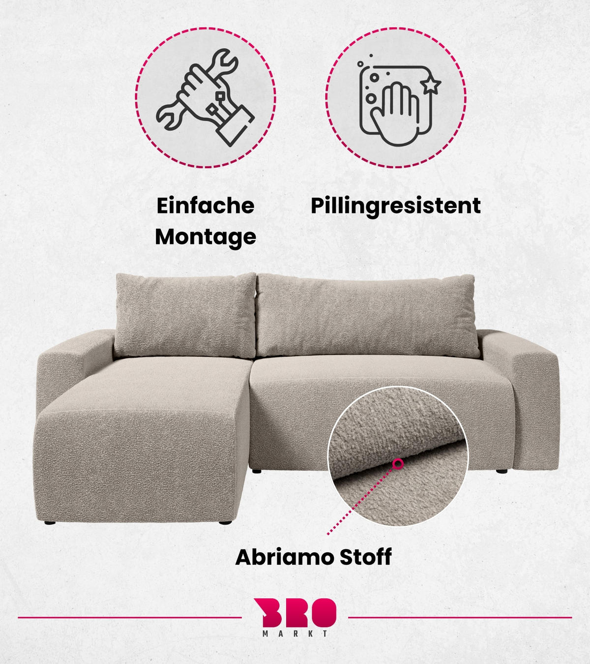 ECKSOFA PLUSH mit Schlaffunktion Ecru Boucle - Ecru, Textil (240/145cm) - Bromarkt