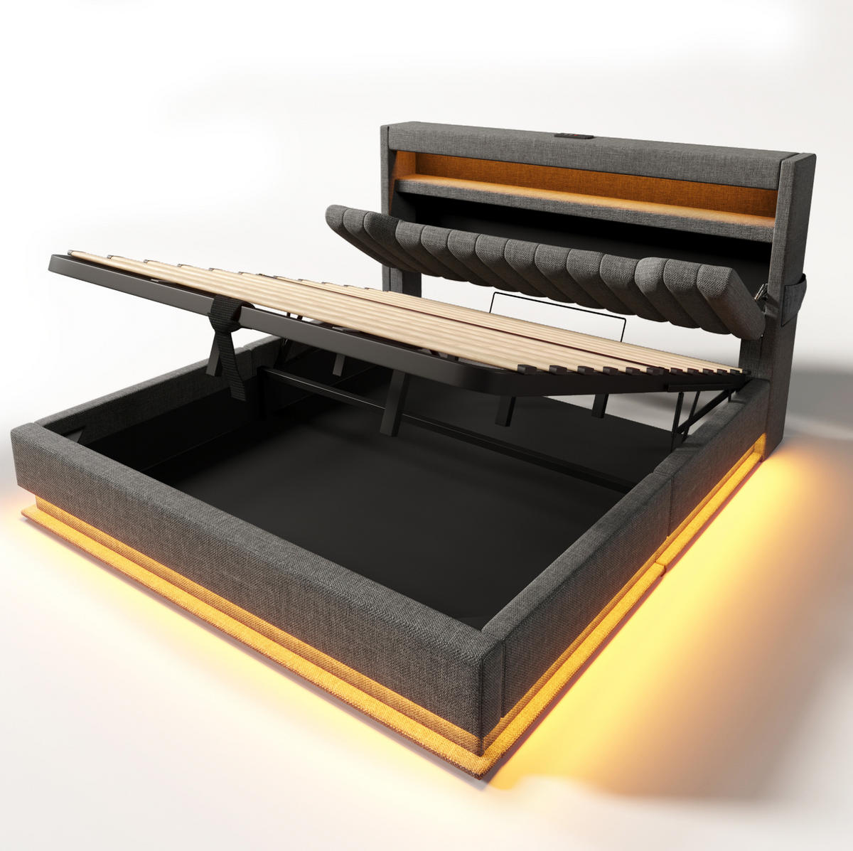 POLSTERBETT mit Stauraum und LED 180x200 cm Leinen Grau - Grau, Metall (180/200cm) - Beauniv