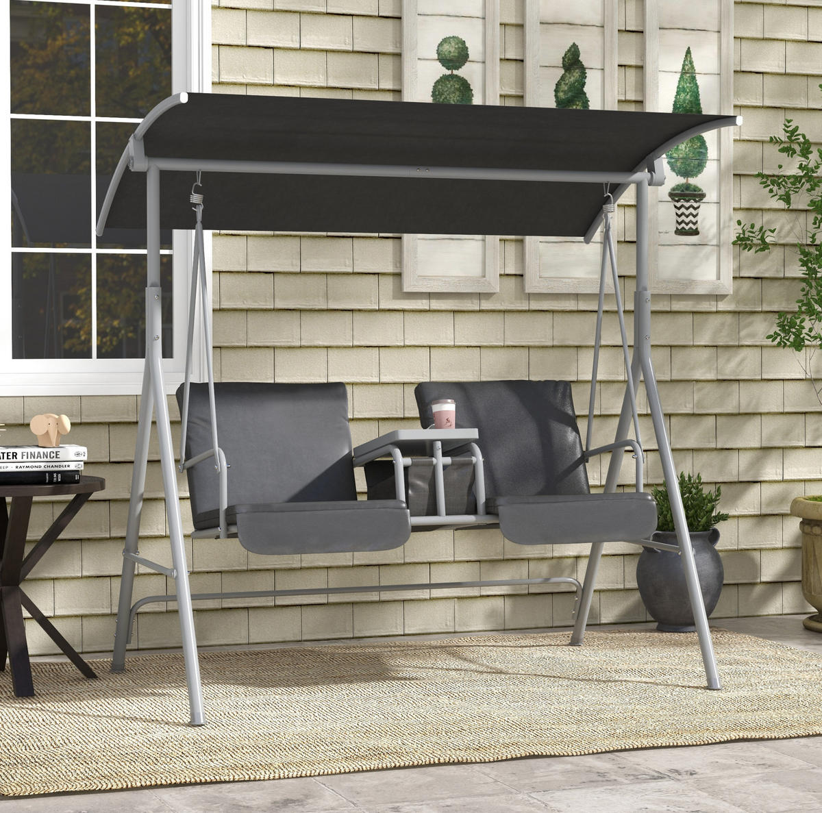 HOLLYWOODSCHAUKEL aus Metall 175x112x158cm in Schwarz mit Sonnendach & Mitteltisch - Schwarz, Metall (112/158/175cm) - Modfu