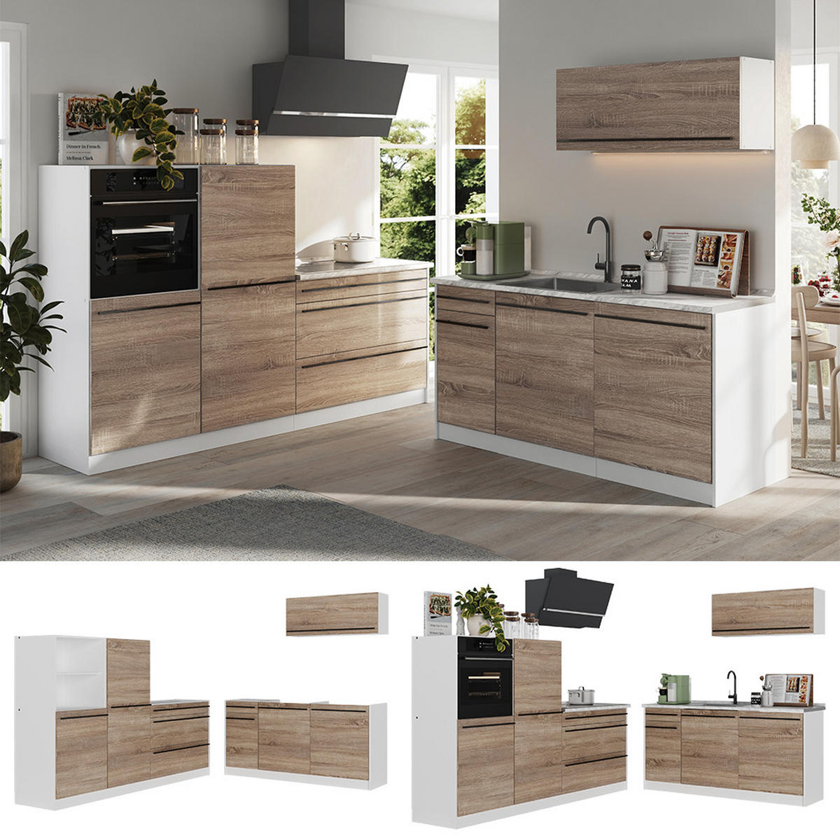 KÜCHENZEILE R-Line, Sonoma/Weiß, 220 cm ohne Arbeitsplatte - Weiß/Sonoma Eiche, Holzwerkstoff (220/143/46cm) - Vicco