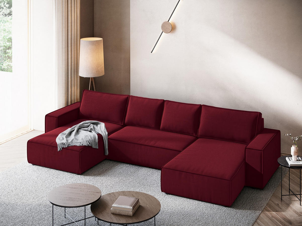 WOHNLANDSCHAFT Samt Stoff Rot - Bordeaux/Rot, Kunststoff/Textil (398/82/185cm) - Makamii