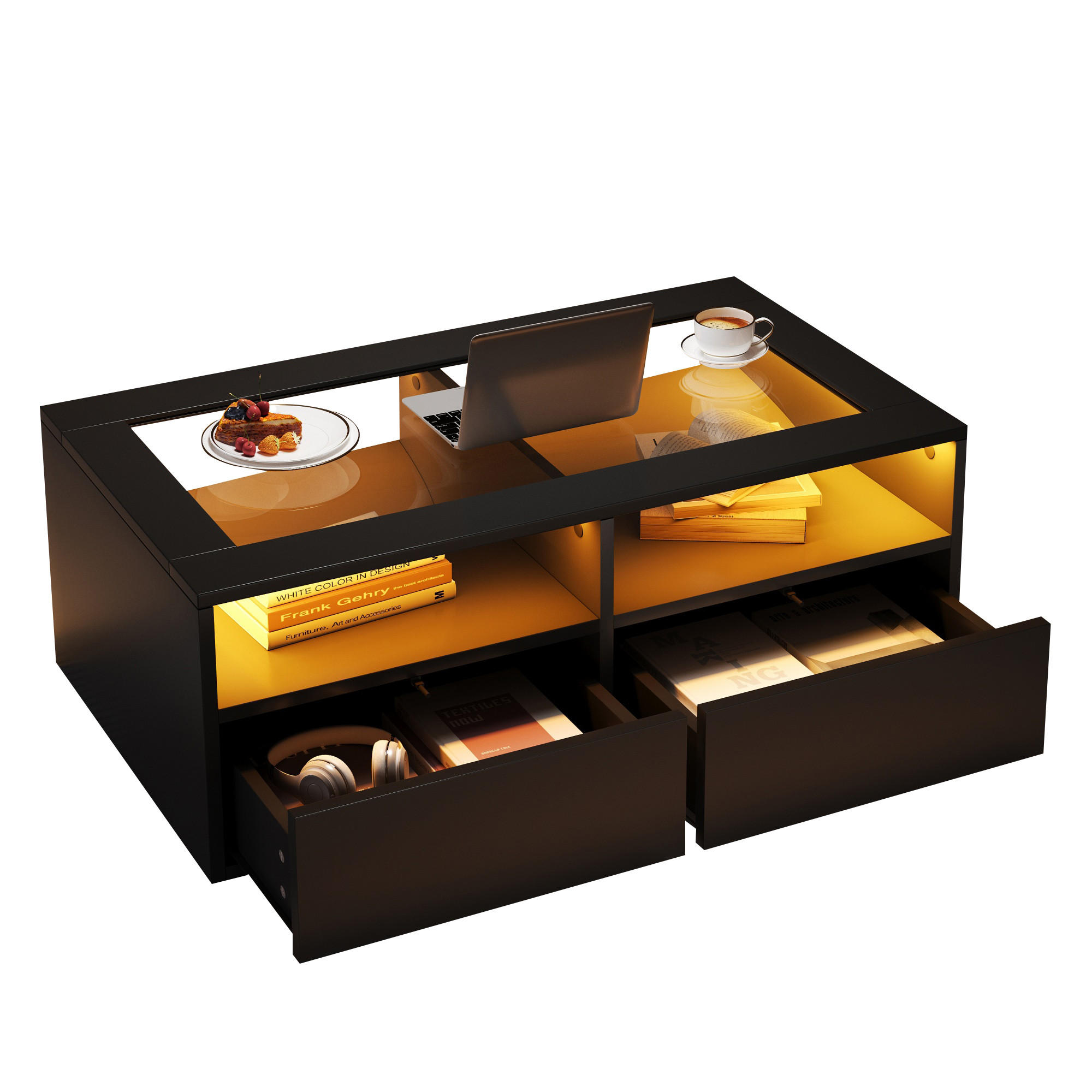 COUCHTISCH LED Schwarz Glas 2 Schubladen 100x50x35cm Stauraum - Schwarz, Holzwerkstoff (100/50/35cm) - FLIEKS