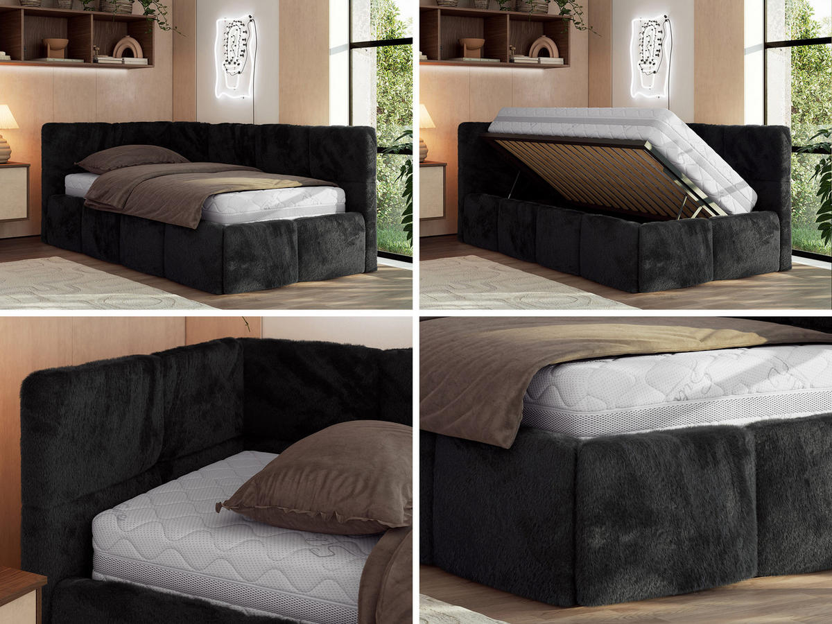 JUGENDBETT ARVO 90/200 - Schwarz Plüsch - Pocket-Matratze - Links Seite - Schwarz, Textil (90/200cm) - MKS