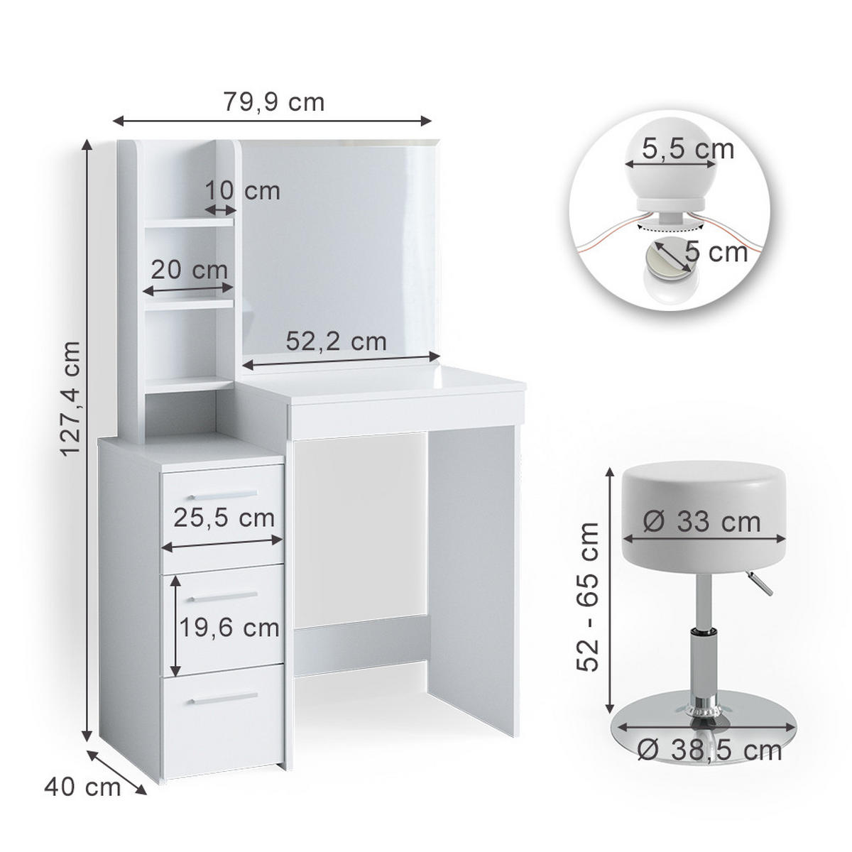SCHMINKTISCH Meryl Weiß 79.9 cm mit LED Beleuchtung und Hocker - Weiß, Holzwerkstoff (40/127.4/79.9cm) - Vicco