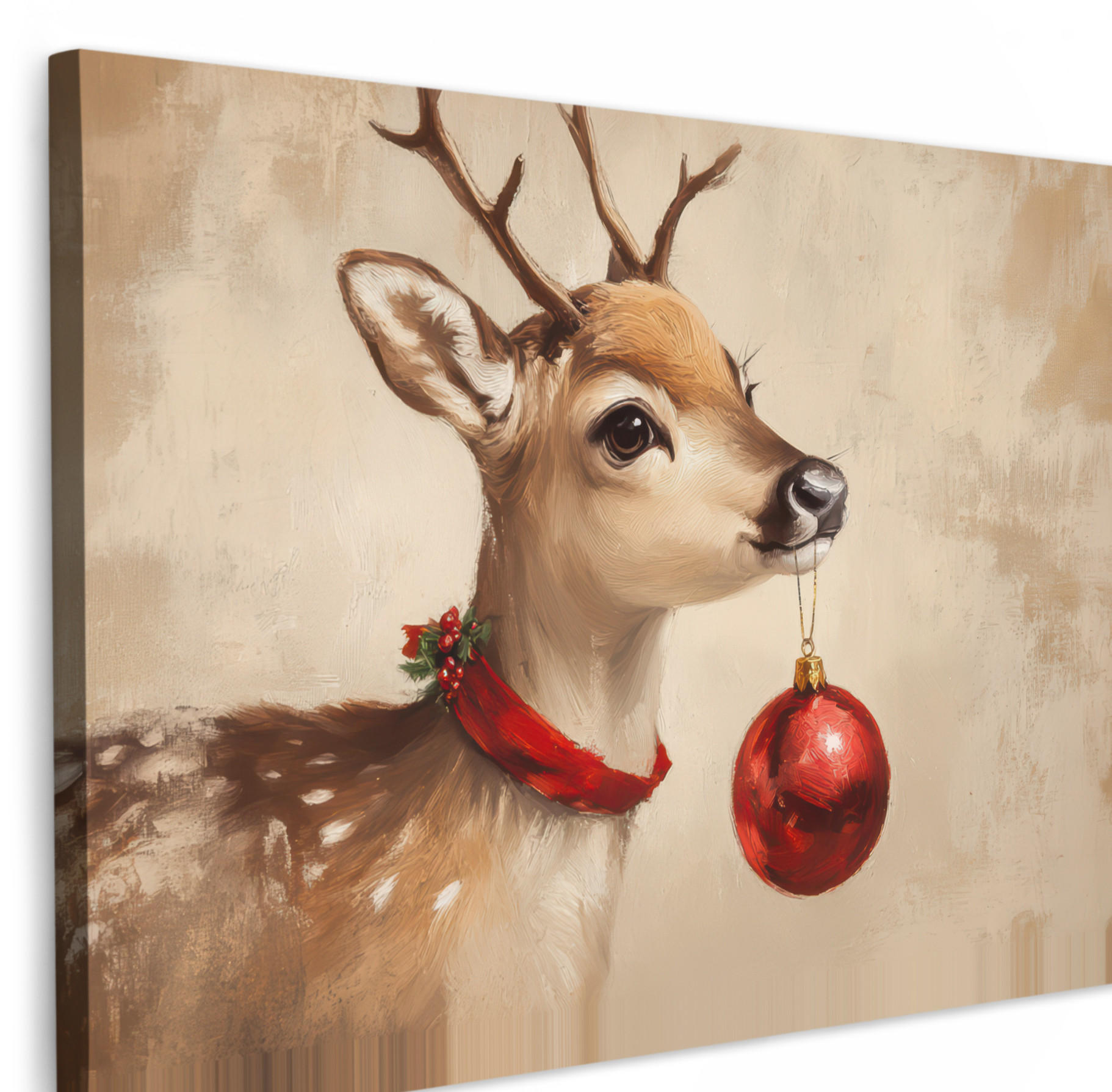 LEINWANDBILD Weihnachten - Hirsch - Geweih - Weihnachtskugel - Rentier 30x20 cm - Hellbraun, Textil (30/20cm) - MuchoWow