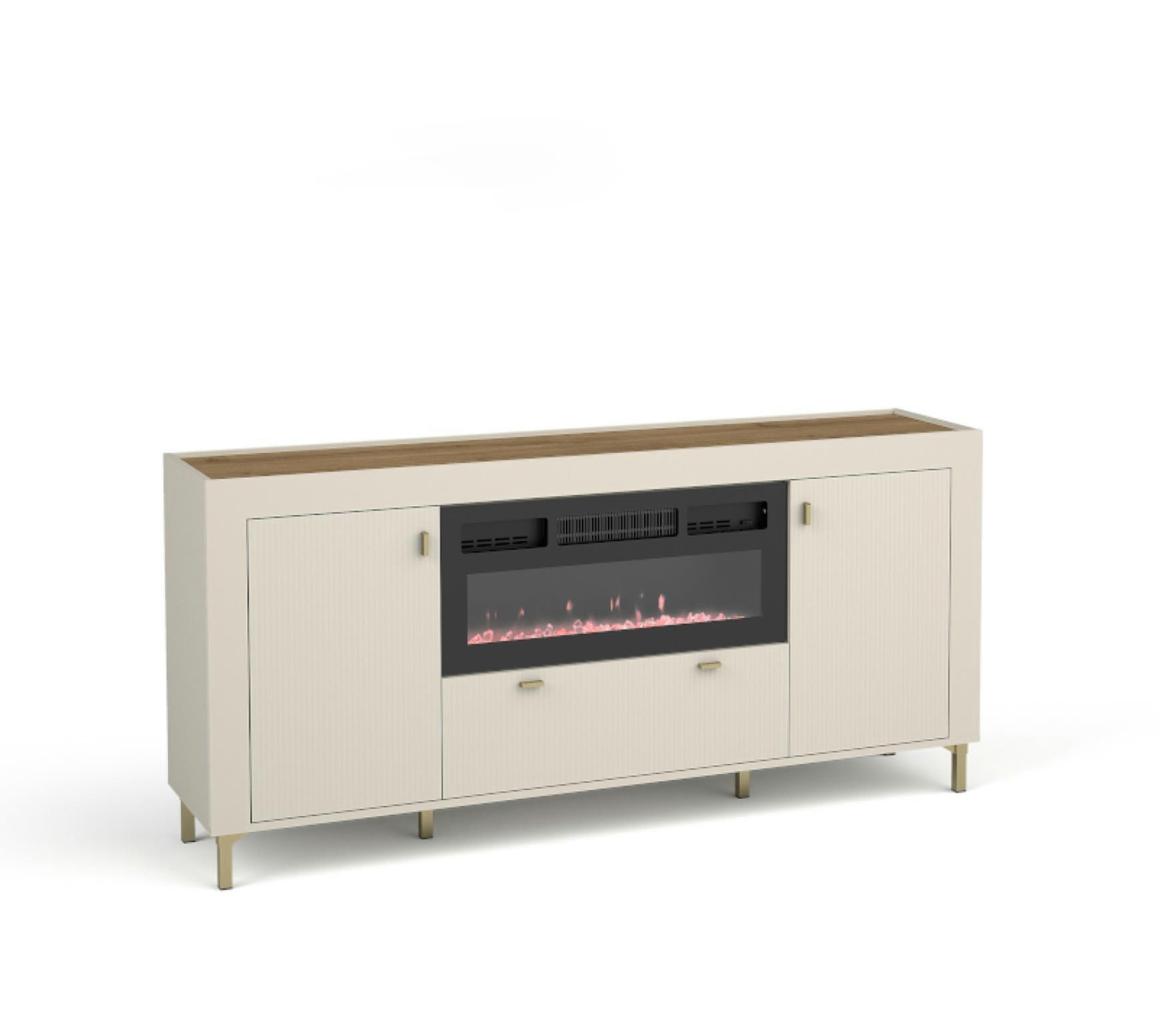 KOMMODE mit Kamin Mossa Kaschmir, Zweitürige Kommode mit Schubladen und LED - Beige/Goldfarben, Holzwerkstoff (177/84/40cm) - Bettso