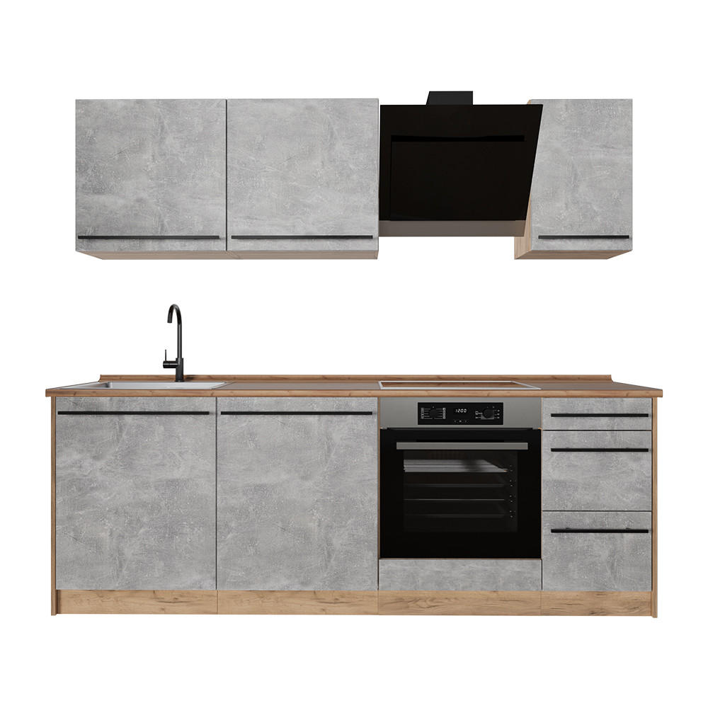 KÜCHENZEILE R-Line, Beton/Goldkraft Eiche, 220 cm Arbeitsplatte Goldkraft Eiche - Honigeiche/Grau, Holzwerkstoff (220/81.6/60cm) - Vicco