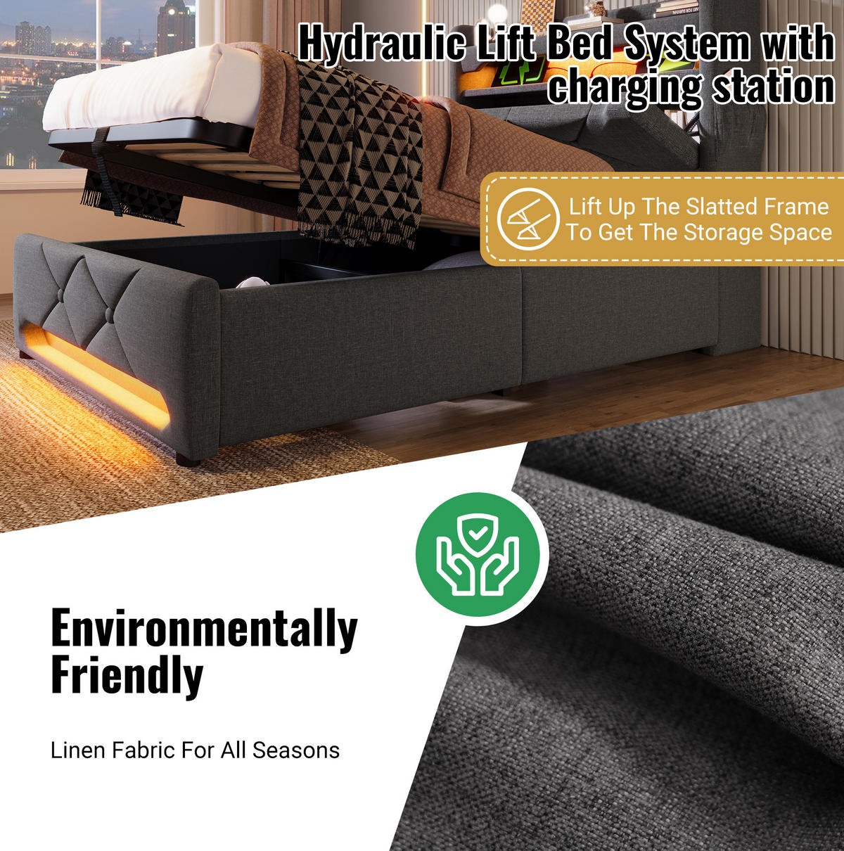 POLSTERBETT 90/200 cm Grau aus Leinen mit LED und Stauraum - Grau, Textil (90/200cm) - OKMYHOME