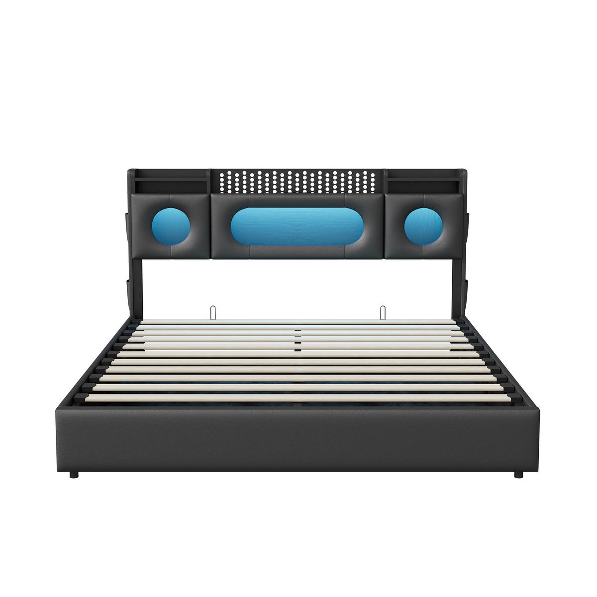 POLSTERBETT 140/200 cm Schwarz mit hydraulischem Stauraum, LED-Kopfteil mit Ablage und USB-Anschluss - Schwarz, Metall (140/200cm) - EuroLiving