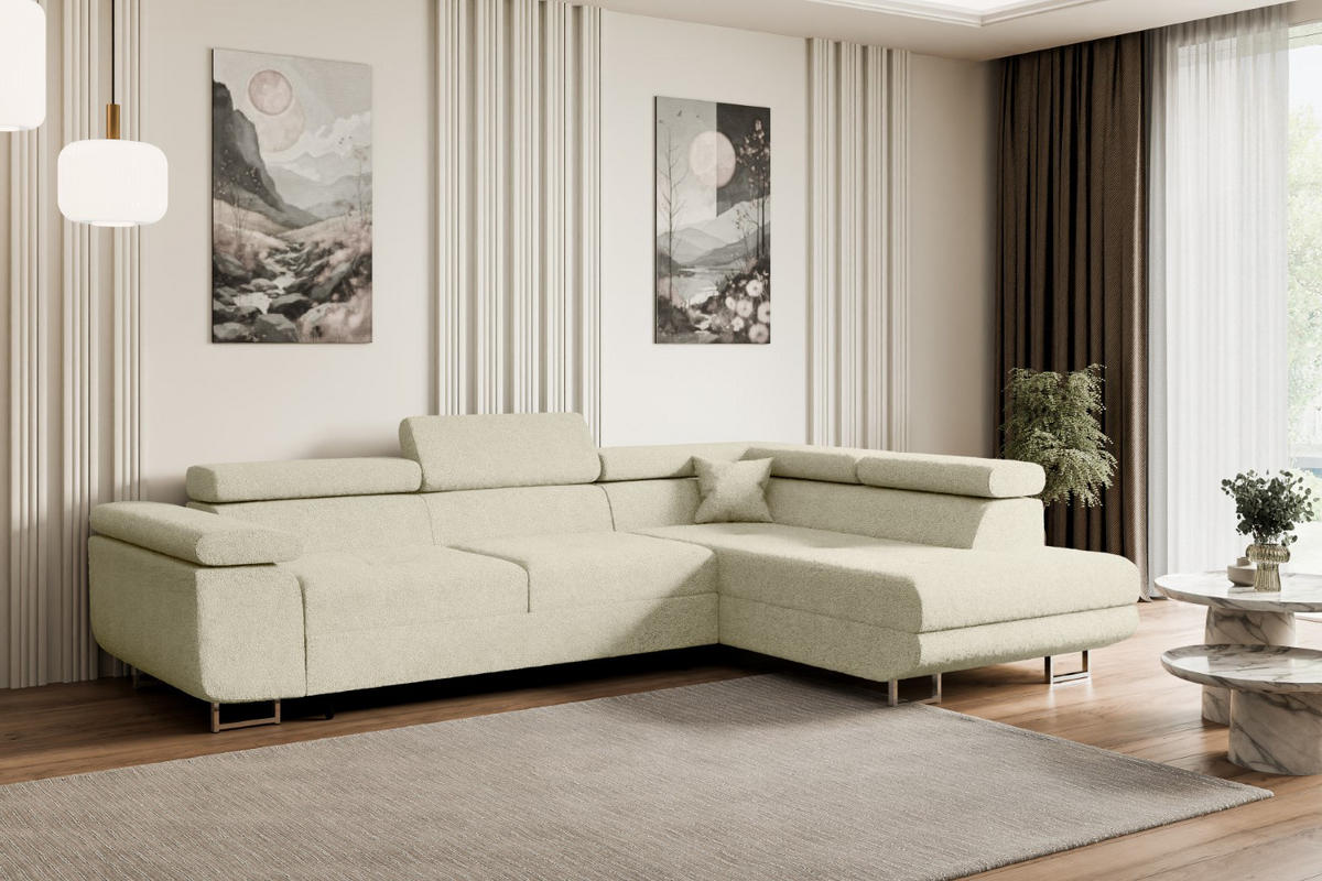 ECKSOFA mit Schlaffunktion und Bettkasten GUSA-L 272x202x107 cm Beige Bouclé - Beige/Silberfarben, Holzwerkstoff/Textil (272/202cm) - ALTDECOR