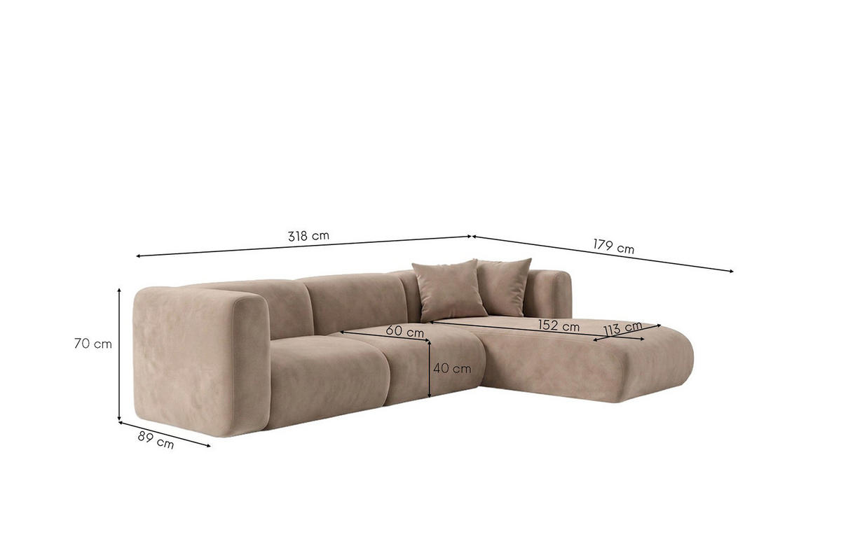 ECKSOFA L-Form, Velvet-Stoff Bluvel, Latte, Rechts, GRETA - Hellbraun, Holz (318/179cm) - Kaiser Möbel
