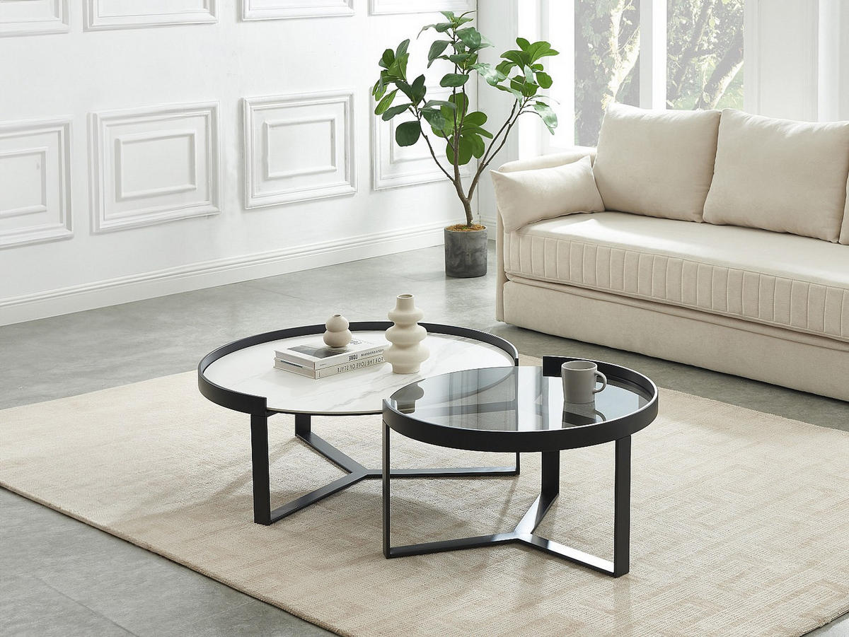 COUCHTISCH-SET - rauchfarbenes Sicherheitsglas, Keramik & Metall - Marmor-Optik Weiß & Schwarz - ZERILA - Schwarz, Glas (90/90/35cm) - Vente-Unique