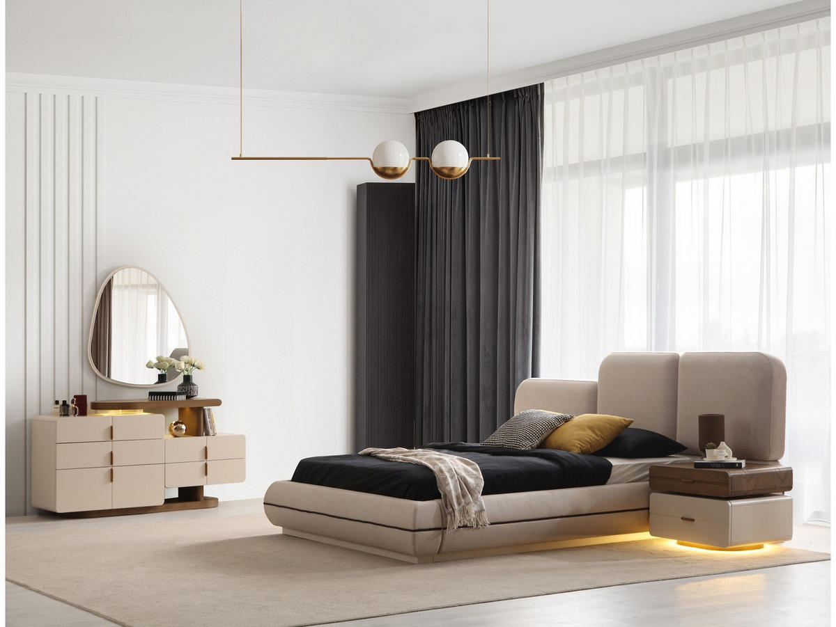 BETTANLAGE Valenica Typ-1 Bett mit Kopfteil 2 Nachttischen Kommode und Kleiderschrank - Beige, Holzwerkstoff (160/200cm)