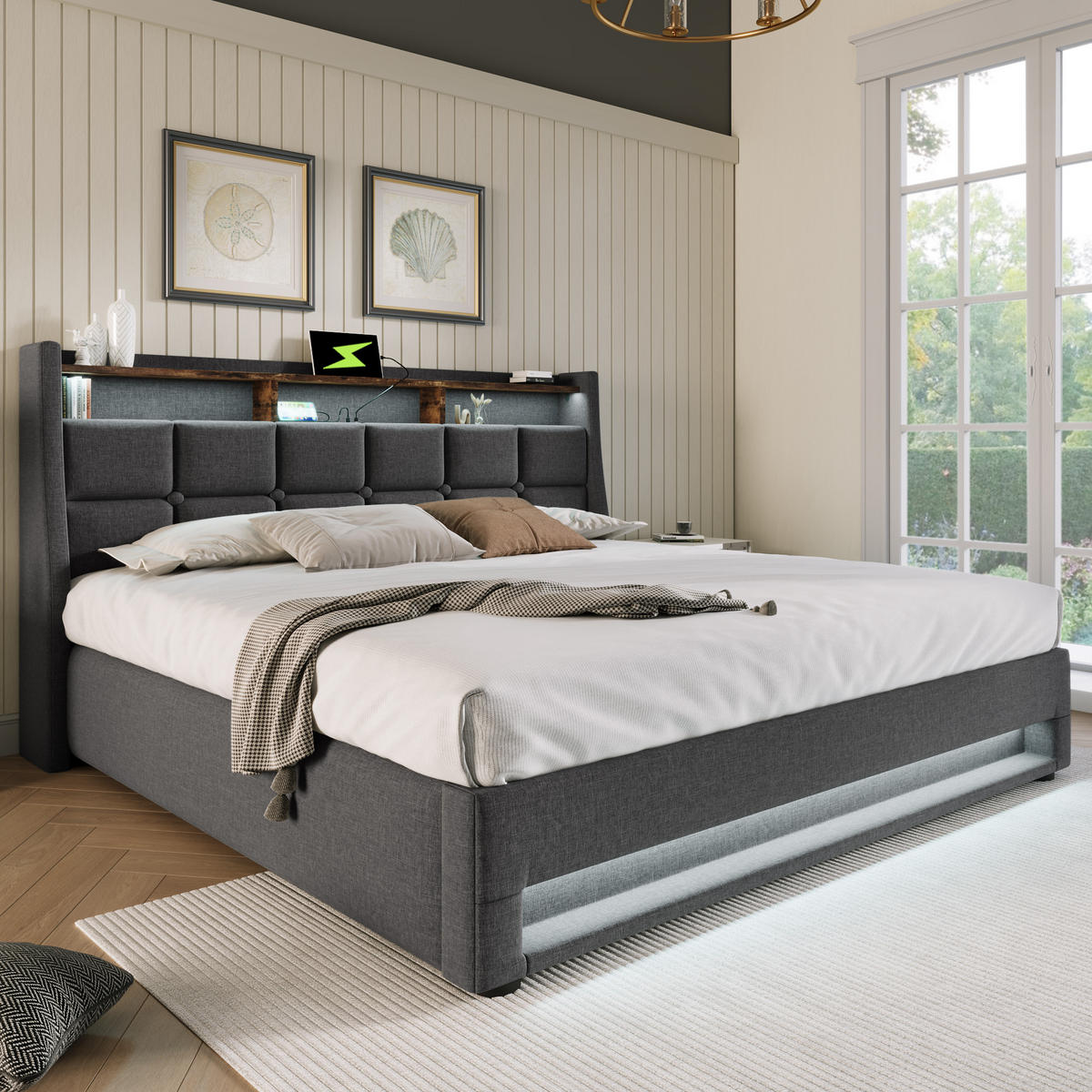 POLSTERBETT 160/200 cm Grau LED-Bett mit USB-Anschluss aus Leinen - Grau, Textil (160/200cm) - OKWISH