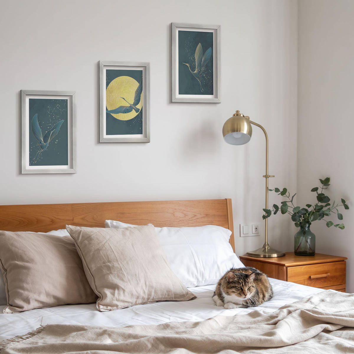 WANDBILDER 3er Set - 20x30 cm Silberner Rahmen - Kraniche im Flug bei Nacht - Silberfarben, Kunststoff (20/30cm) - ArtPrintCave