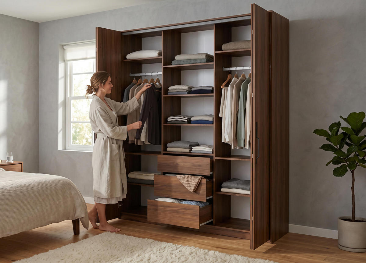 FALTTÜRENSCHRANK Omodeo 200 cm breit in Warmia-Nussbaum – mit WingLine-Falttüren - Walnussfarben, Holzwerkstoff (200/240/58cm) - AX Living