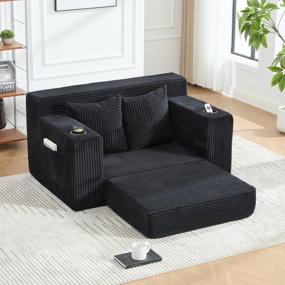SCHLAFSOFA 2-in-1 mit Hocker, 2 Kissen und Becherhalter, DE-42913, Schwarz - Schwarz, Textil (133/64/87cm) - ComfortXL