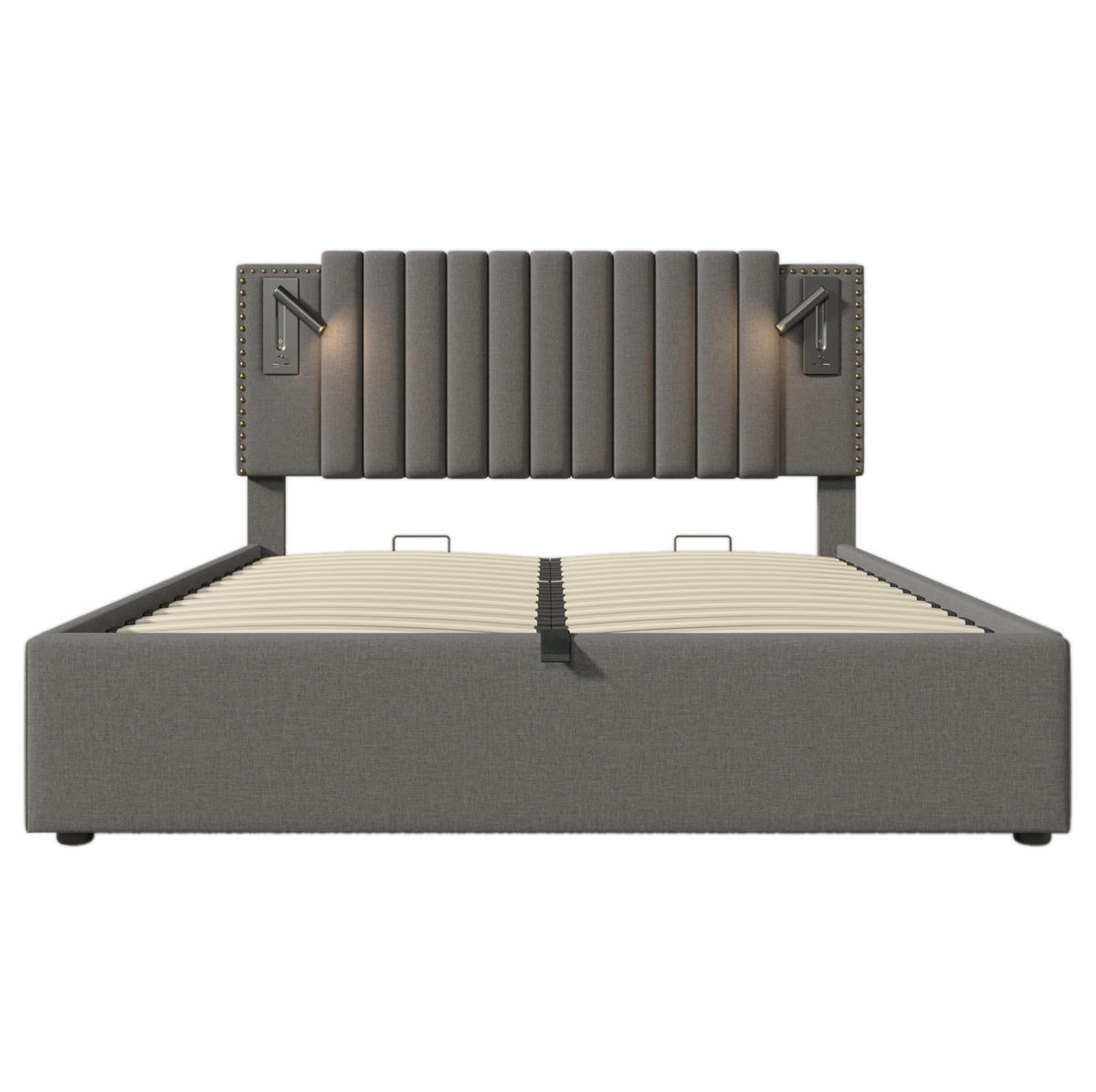 POLNJENA postelja iz bombaža 180x200 cm siva z nastavljivim vzglavjem, USB-polnjenjem, bralno lučko in predalom - siva, tekstil (180/200cm) - Modfu