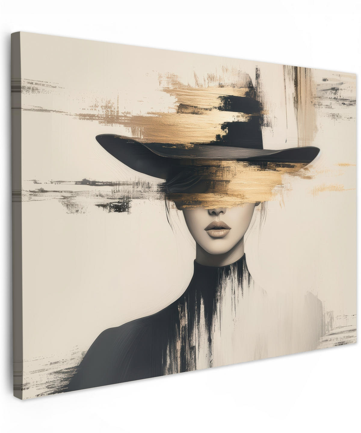 LEINWANDBILD Frau - Hut - Farbe Wandbilder 80x60 cm - Goldfarben, Textil (80/60cm) - MuchoWow