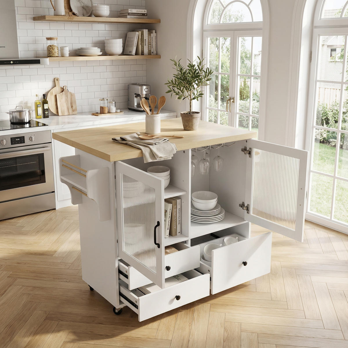 KÜCHENINSEL Mobile 100cm in Weiß & Natur - Weiß, Holzwerkstoff (100/92/42cm) - Urban Meuble
