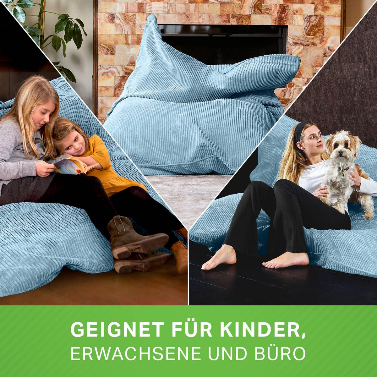 SITZSACK XXL "Square" aus Cord – 370 L - Hellblau, Textil (140/25/180cm) - Green Bean