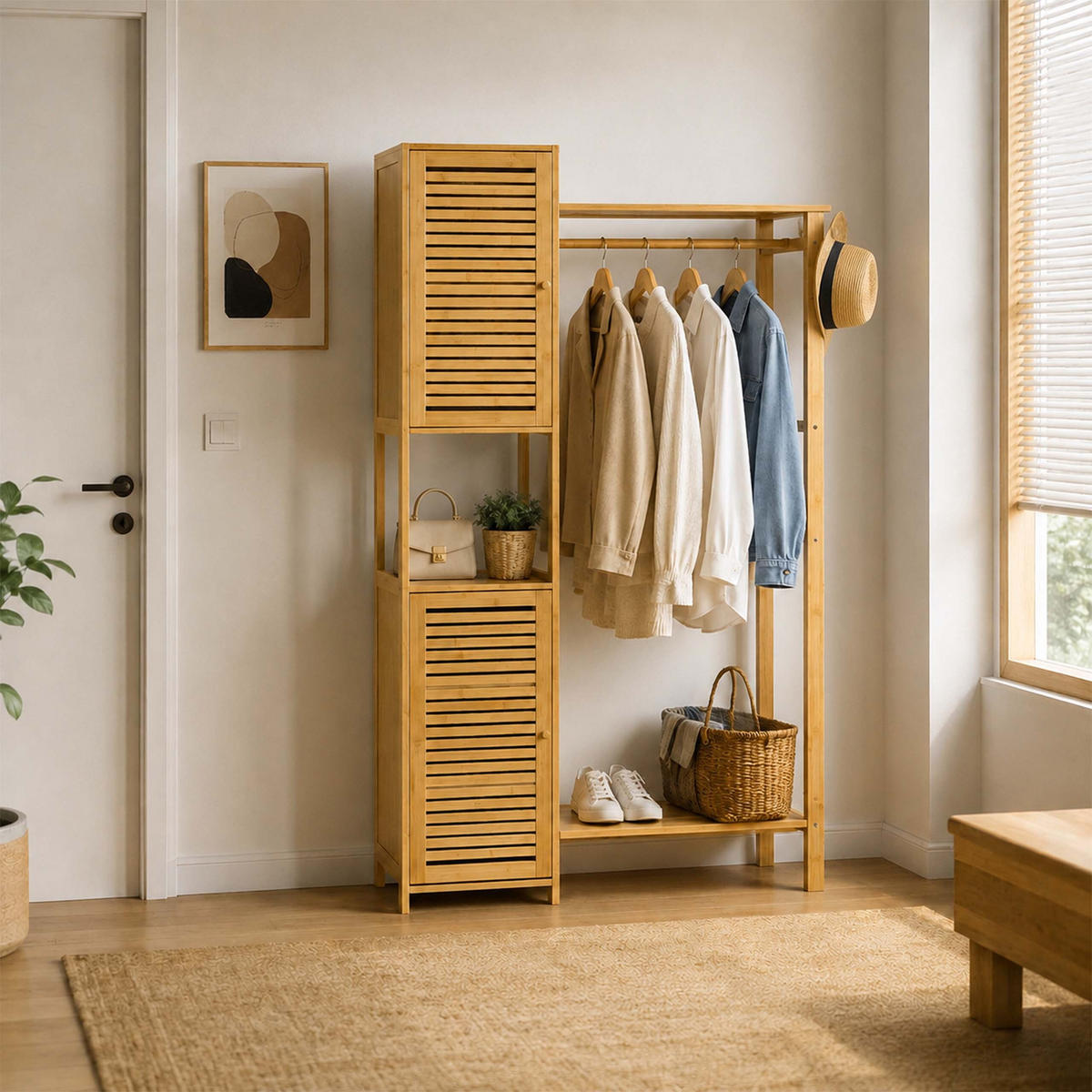 KLEIDERSTÄNDER Natur Bambus mit 2 Schrankelementen - Hellbraun, Holz (99/164/29cm) - Relaxdays