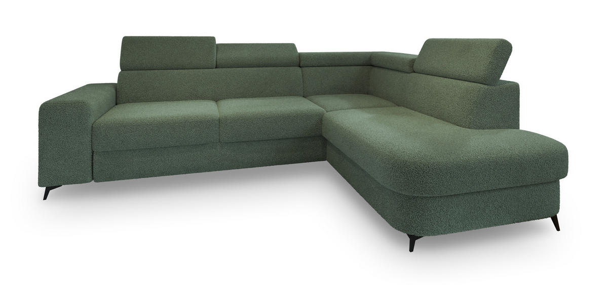 ECKSOFA ALVORO R-S Grün Boucle-Stoff mit Schlaffunktion - Grün, Holz (253/190cm) - MASSENO