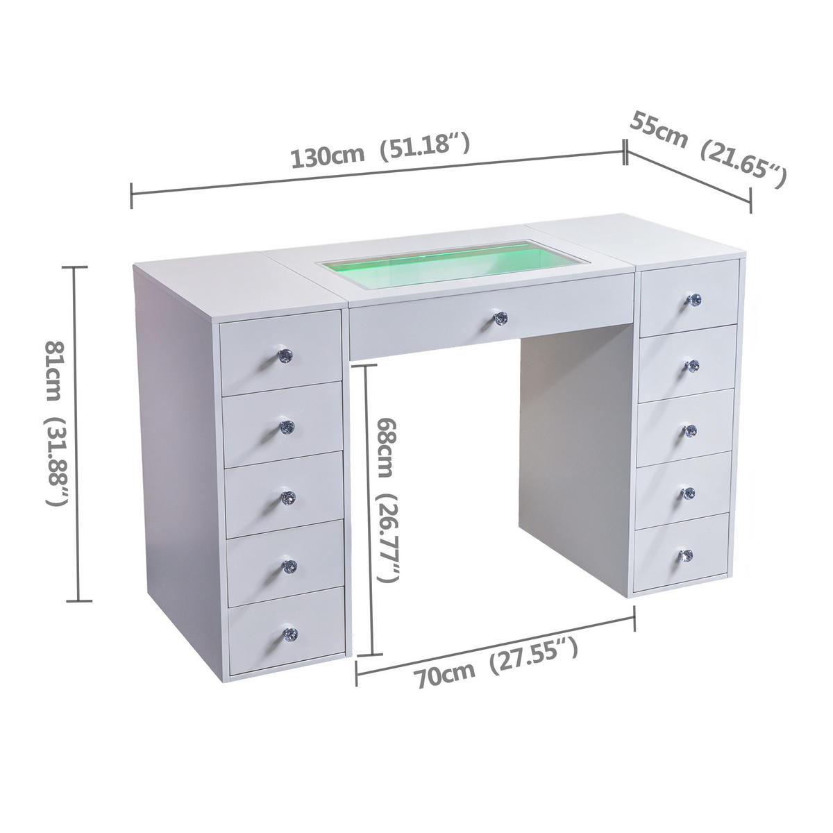 SCHMINKTISCH mit Spiegel Beleuchtung Bluetooth 11 Schubladen Weiβ 130/55/161CM - Weiß, Metall (130/81/55cm) - VANITII