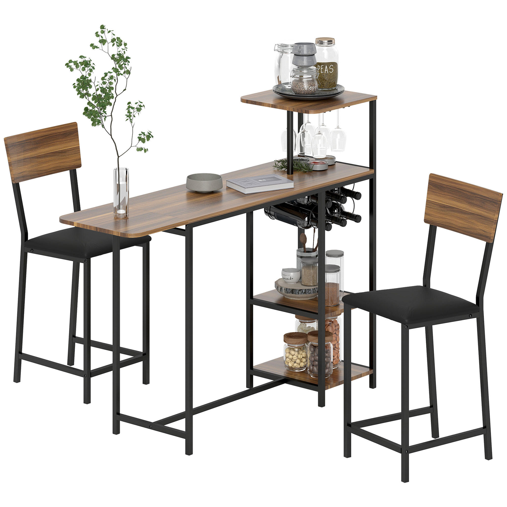 BARTISCH mit Barhocker Set, 3-tlg. 2 Barstühlen, Stahlrahmen Braun - Braun, Metall (140/116/40cm) - HOMCOM